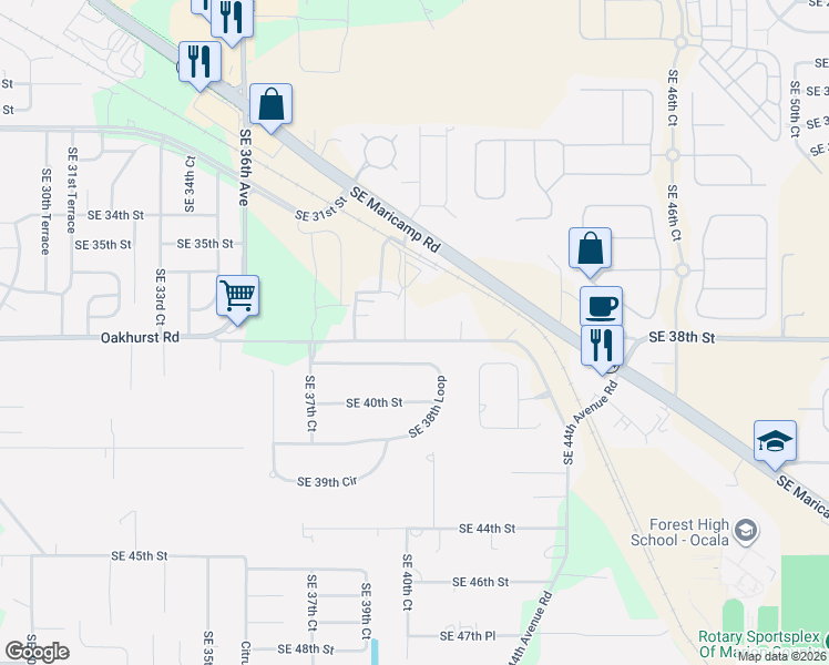 map of restaurants, bars, coffee shops, grocery stores, and more near 3903 Southeast 38th Loop in Ocala