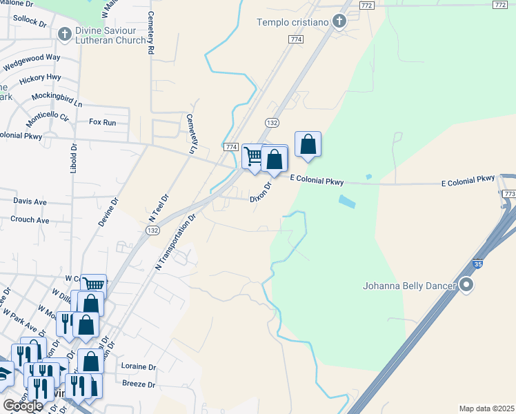 map of restaurants, bars, coffee shops, grocery stores, and more near 227 Harralton Circle in Devine