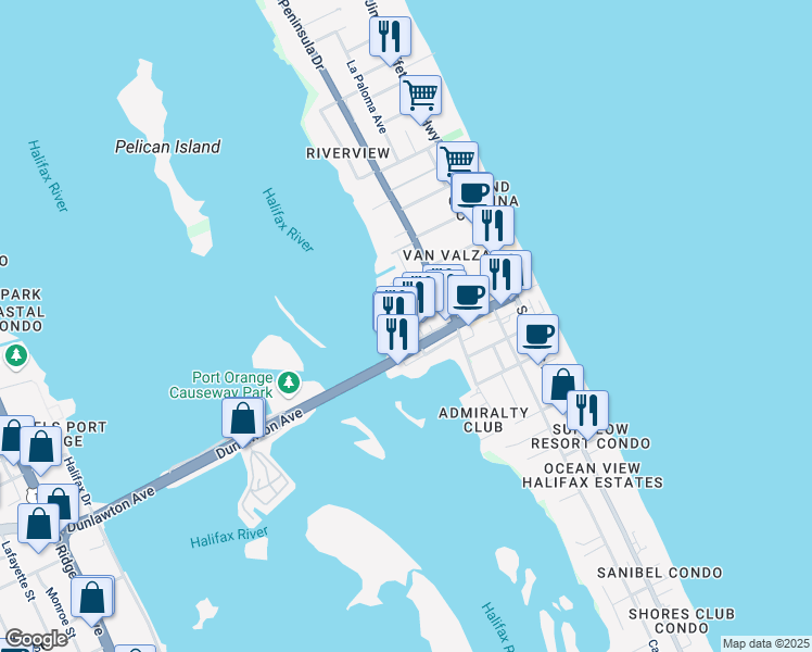 map of restaurants, bars, coffee shops, grocery stores, and more near 5.3 Dunlawton Avenue in Port Orange
