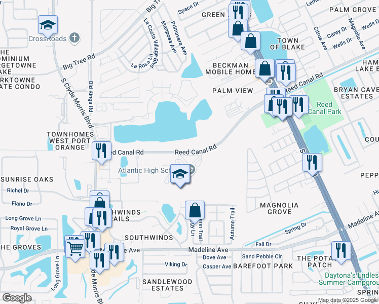 map of restaurants, bars, coffee shops, grocery stores, and more near 1250 Reed Canal Road in Port Orange