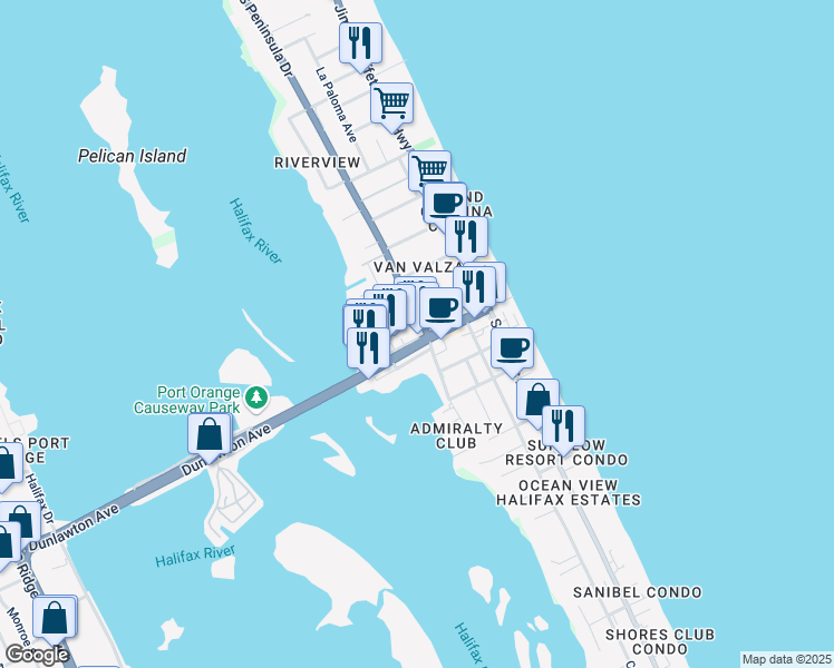 map of restaurants, bars, coffee shops, grocery stores, and more near 53 Dunlawton Avenue in Port Orange
