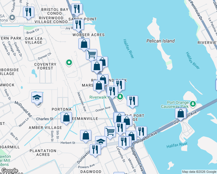 map of restaurants, bars, coffee shops, grocery stores, and more near 3225 South Ridgewood Avenue in South Daytona