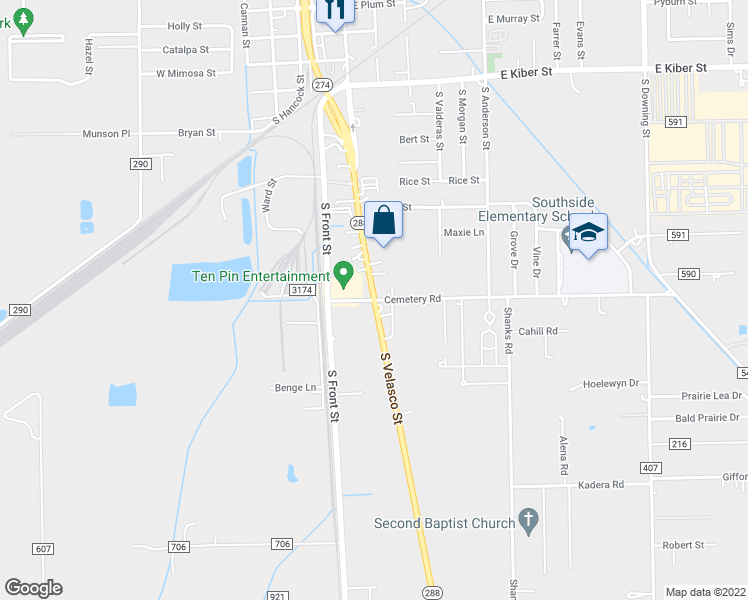 map of restaurants, bars, coffee shops, grocery stores, and more near 105 West Cemetery Road in Angleton
