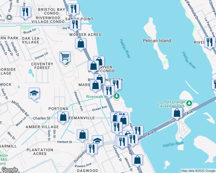 map of restaurants, bars, coffee shops, grocery stores, and more near 3251 South Palmetto Avenue in Daytona Beach