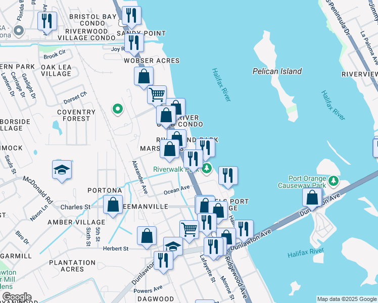 map of restaurants, bars, coffee shops, grocery stores, and more near 3225 South Ridgewood Avenue in South Daytona