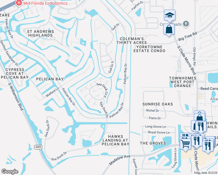 map of restaurants, bars, coffee shops, grocery stores, and more near 108 Spoonbil Court in Daytona Beach