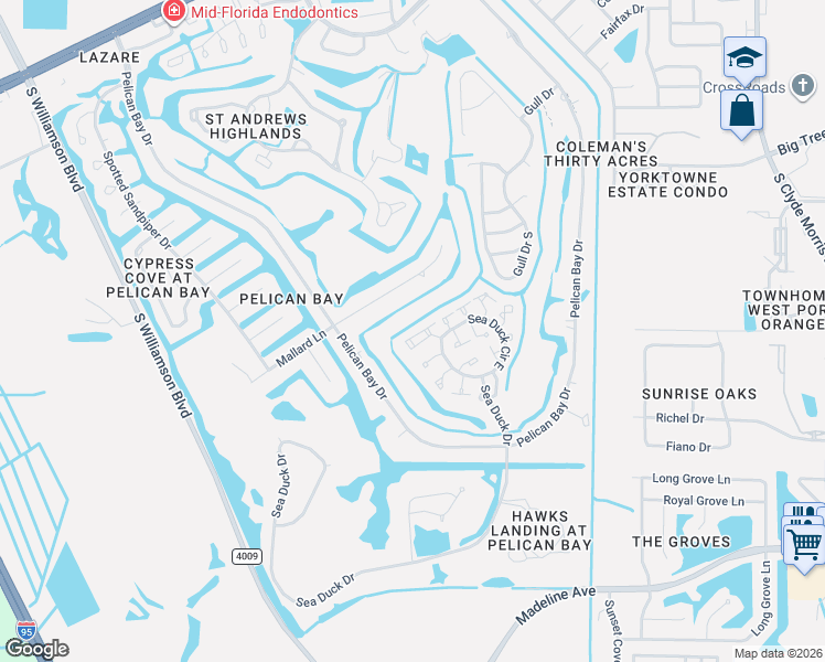 map of restaurants, bars, coffee shops, grocery stores, and more near 129 Mallard Lane in Daytona Beach