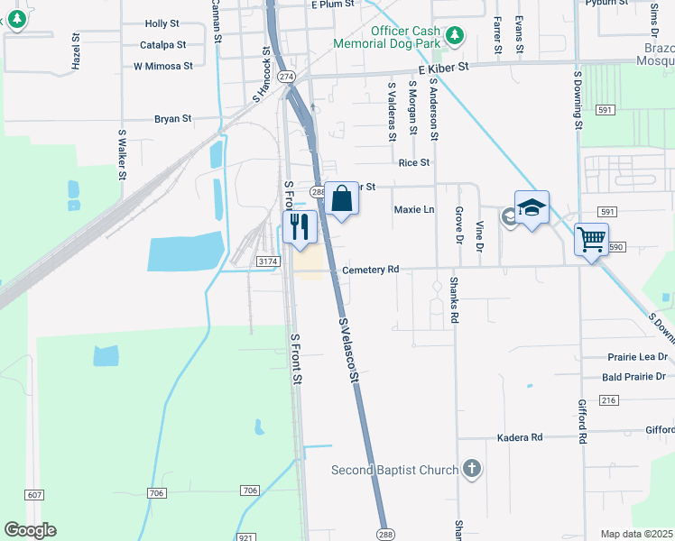 map of restaurants, bars, coffee shops, grocery stores, and more near 1039 South Velasco Street in Angleton