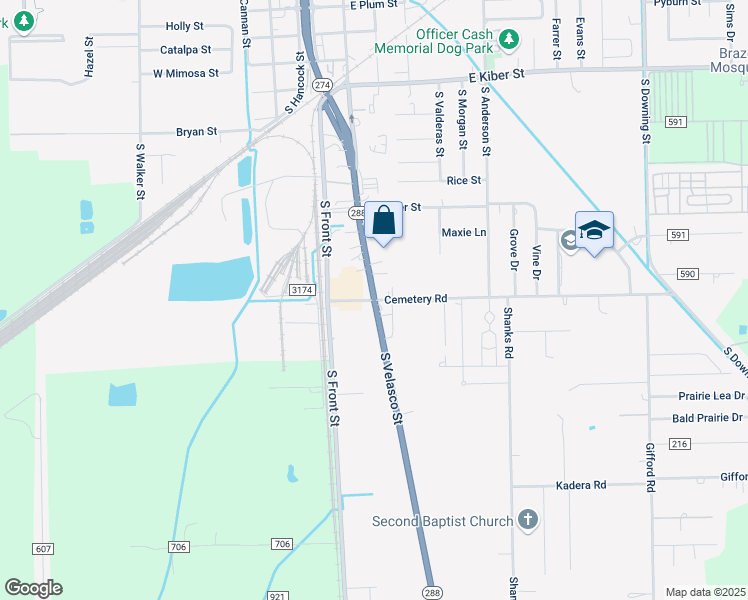 map of restaurants, bars, coffee shops, grocery stores, and more near 1039 South Velasco Street in Angleton