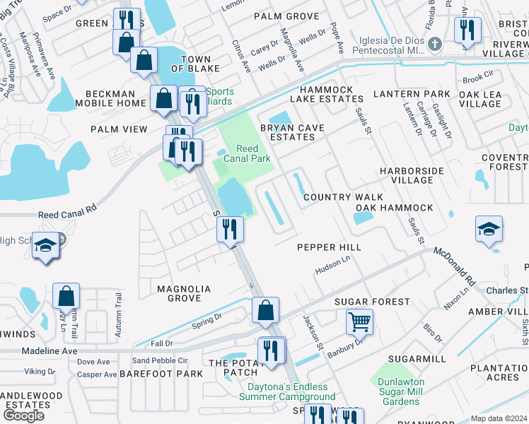 map of restaurants, bars, coffee shops, grocery stores, and more near 103 Old Sunbeam Drive in South Daytona
