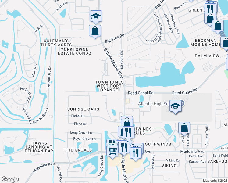 map of restaurants, bars, coffee shops, grocery stores, and more near 3560 Forest Branch Drive in Port Orange