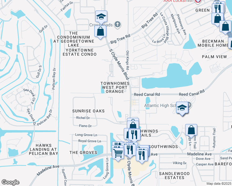 map of restaurants, bars, coffee shops, grocery stores, and more near 3543 Forest Branch Drive in Port Orange