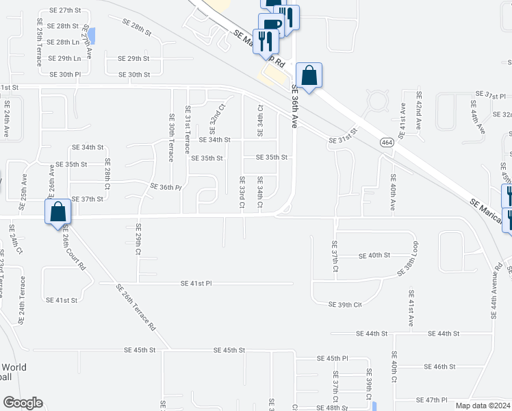 map of restaurants, bars, coffee shops, grocery stores, and more near 3704 Southeast 34th Court in Ocala