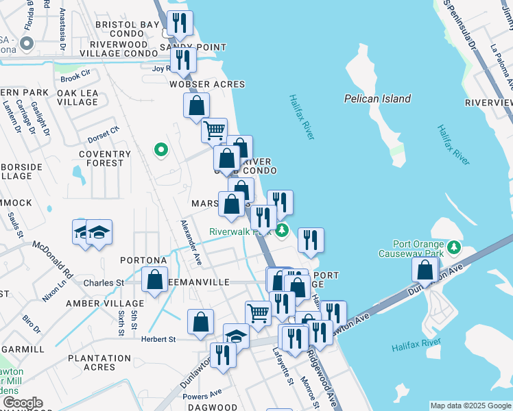 map of restaurants, bars, coffee shops, grocery stores, and more near 3225 South Ridgewood Avenue in South Daytona