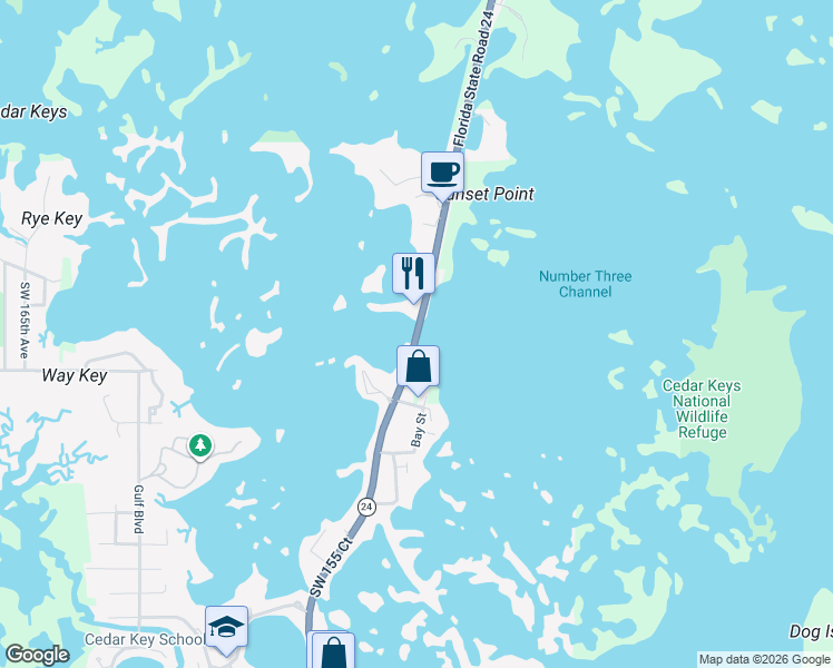 map of restaurants, bars, coffee shops, grocery stores, and more near 12130 Highway 24 in Cedar Key