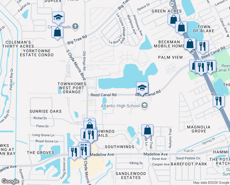 map of restaurants, bars, coffee shops, grocery stores, and more near 1368-1424 Reed Canal Road in Port Orange