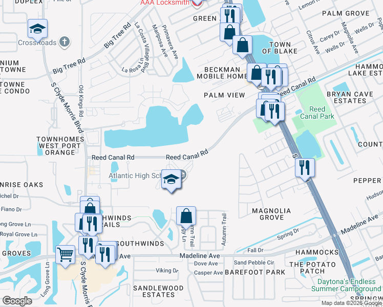 map of restaurants, bars, coffee shops, grocery stores, and more near 1270 Reed Canal Road in Port Orange