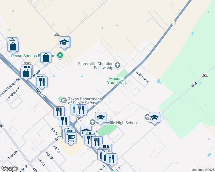 map of restaurants, bars, coffee shops, grocery stores, and more near 1935 Standish Street in Floresville