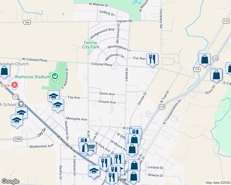 map of restaurants, bars, coffee shops, grocery stores, and more near 408 Davis Avenue in Devine