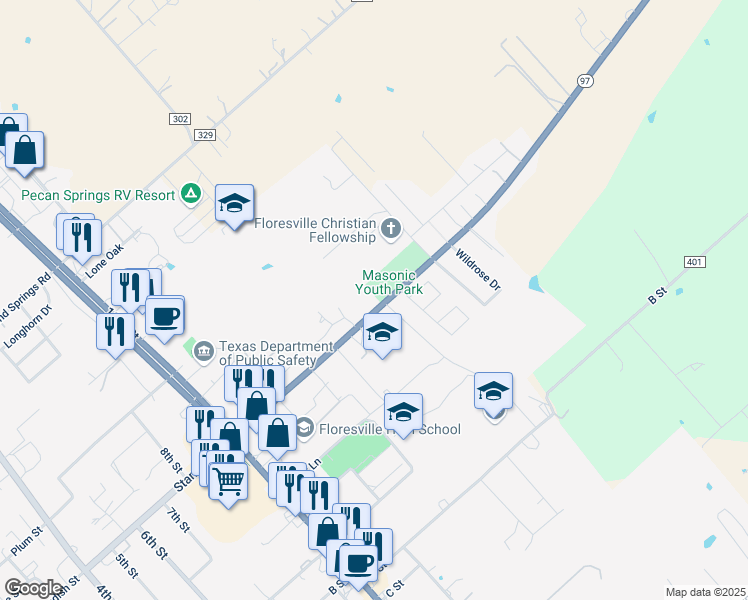 map of restaurants, bars, coffee shops, grocery stores, and more near 1935 Standish Street in Floresville