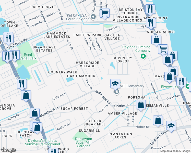 map of restaurants, bars, coffee shops, grocery stores, and more near 75 Spinnaker Circle in South Daytona