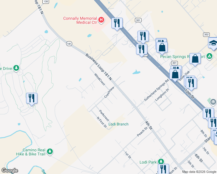 map of restaurants, bars, coffee shops, grocery stores, and more near 447 4th Street in Floresville