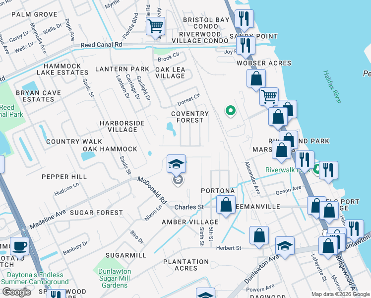 map of restaurants, bars, coffee shops, grocery stores, and more near 2976 Foxcroft Lane in South Daytona