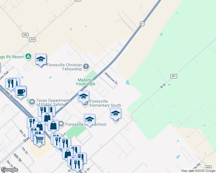 map of restaurants, bars, coffee shops, grocery stores, and more near 225 Blue Bonnet in Floresville