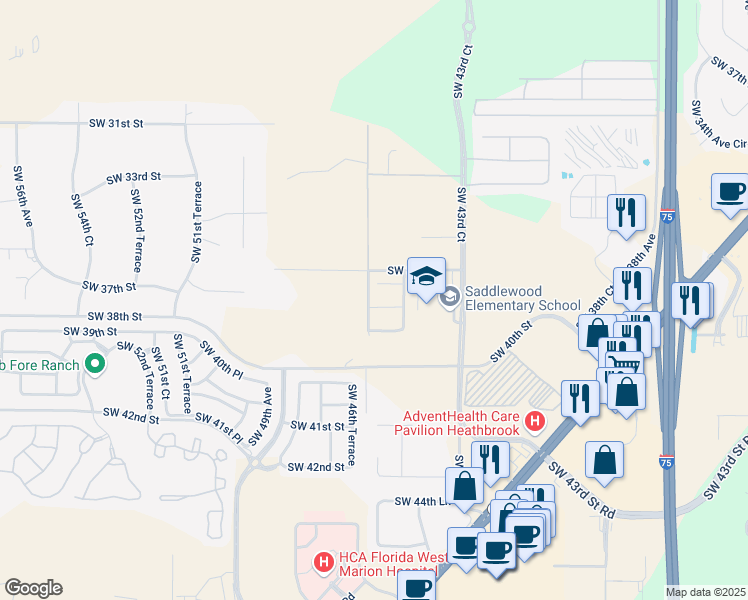 map of restaurants, bars, coffee shops, grocery stores, and more near 4540 Southwest 36th Lane in Ocala