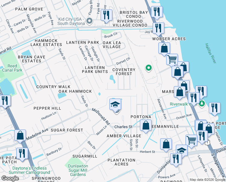 map of restaurants, bars, coffee shops, grocery stores, and more near 613 Clairmont Lane in South Daytona