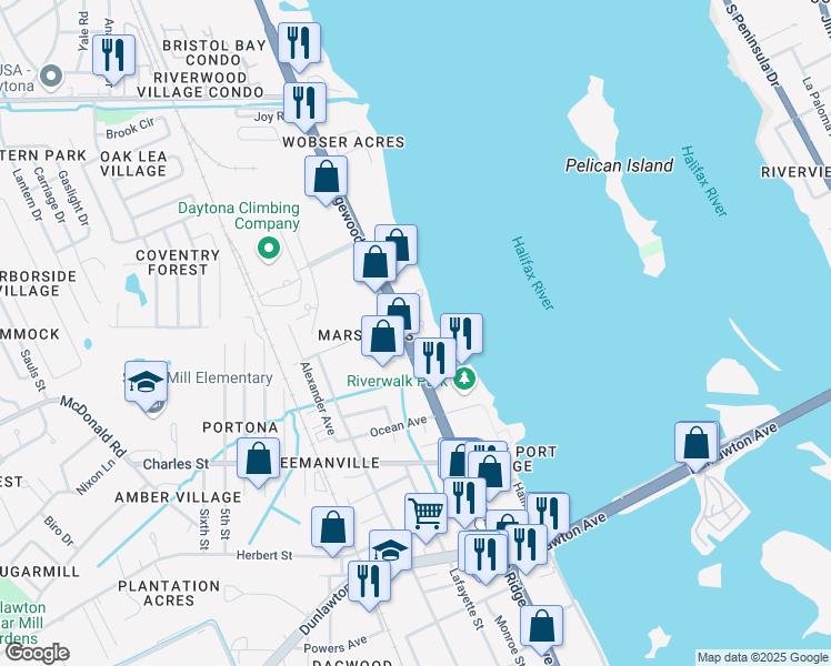 map of restaurants, bars, coffee shops, grocery stores, and more near 3225 South Ridgewood Avenue in South Daytona