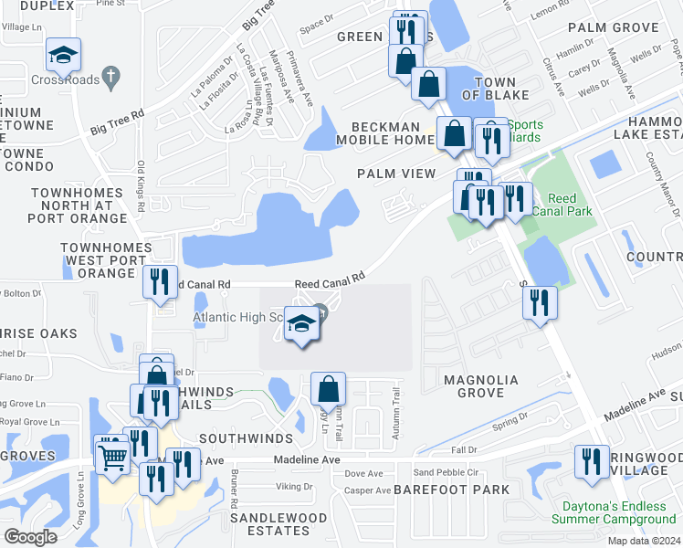 map of restaurants, bars, coffee shops, grocery stores, and more near 1136-1182 Reed Canal Rd in Port Orange