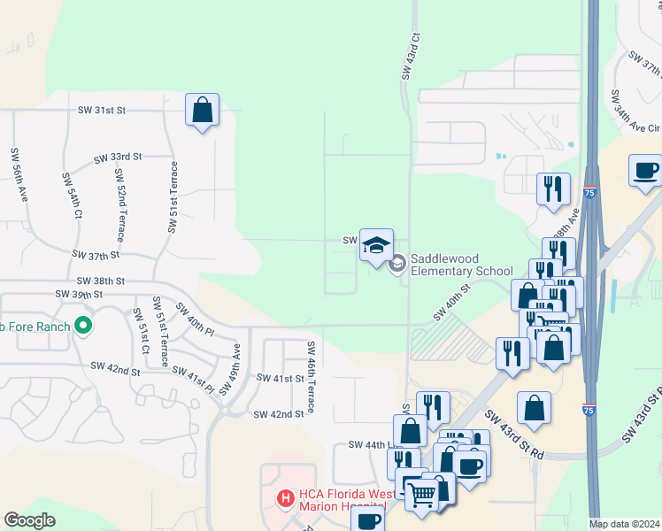 map of restaurants, bars, coffee shops, grocery stores, and more near 4540 Southwest 36th Lane in Ocala