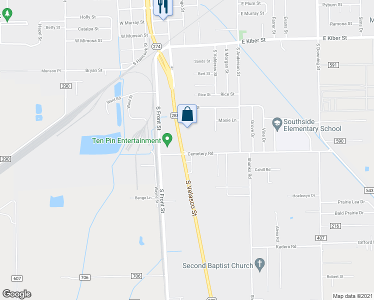 map of restaurants, bars, coffee shops, grocery stores, and more near 1039 South Velasco Street in Angleton