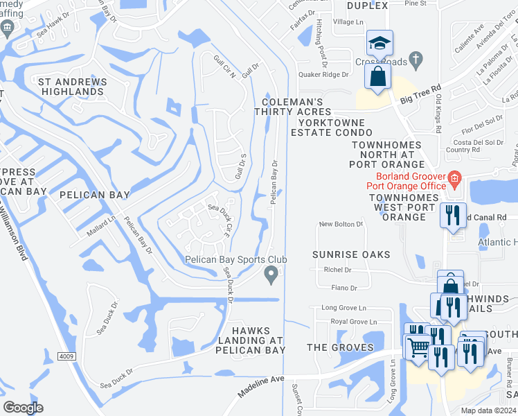 map of restaurants, bars, coffee shops, grocery stores, and more near 108 Merganser Circle in Daytona Beach