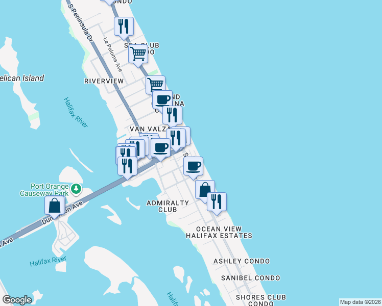 map of restaurants, bars, coffee shops, grocery stores, and more near 3501 South Atlantic Avenue in Daytona Beach
