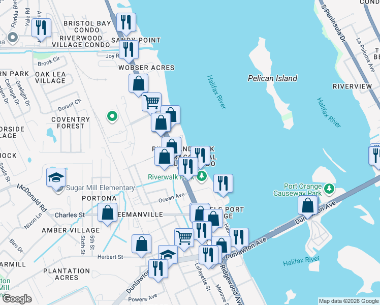 map of restaurants, bars, coffee shops, grocery stores, and more near 3251 S Palmetto Ave in Daytona Beach