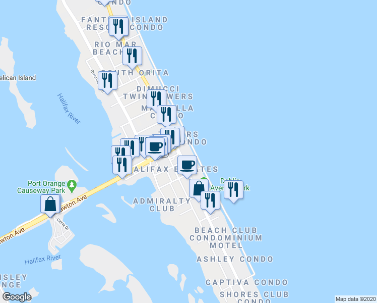 map of restaurants, bars, coffee shops, grocery stores, and more near 3501 South Atlantic Avenue in Daytona Beach