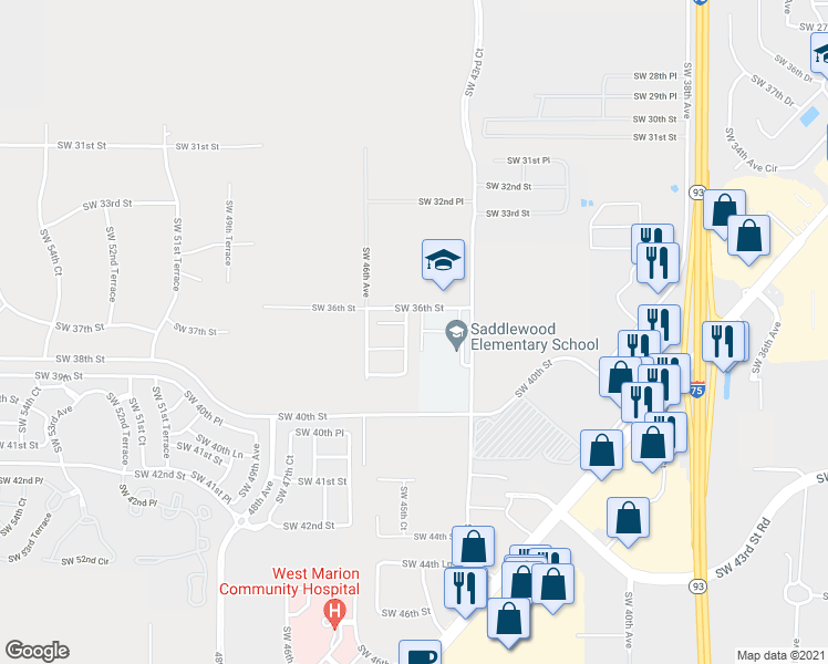 map of restaurants, bars, coffee shops, grocery stores, and more near 3705 Southwest 45th Avenue in Ocala