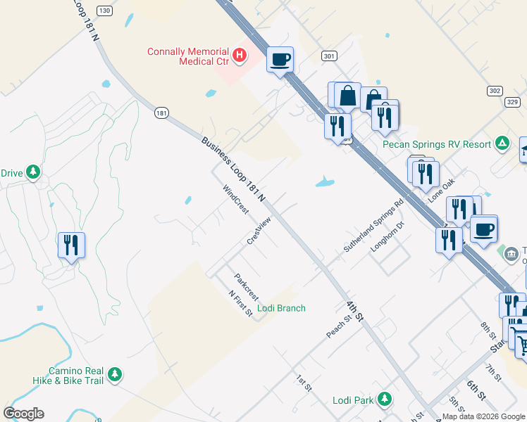 map of restaurants, bars, coffee shops, grocery stores, and more near 447 4th Street in Floresville