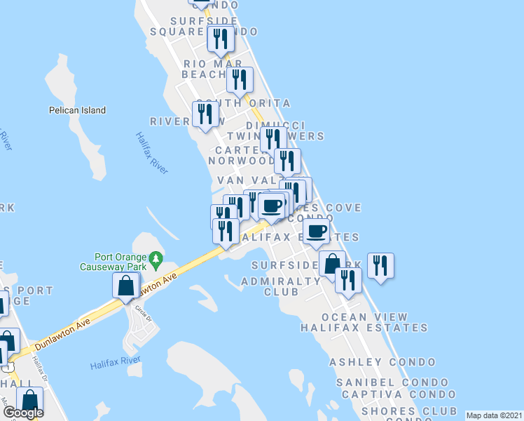map of restaurants, bars, coffee shops, grocery stores, and more near in Daytona Beach Shores