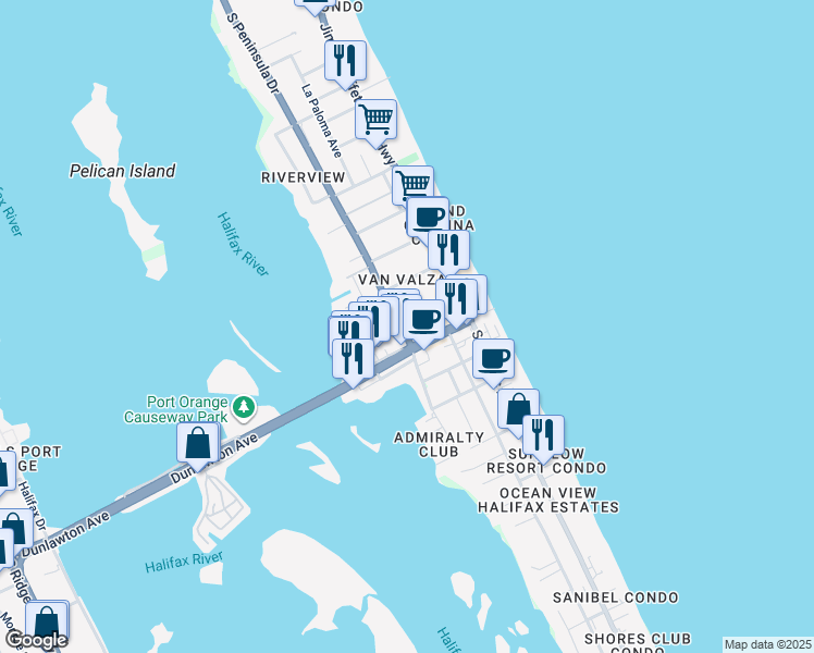 map of restaurants, bars, coffee shops, grocery stores, and more near in Port Orange