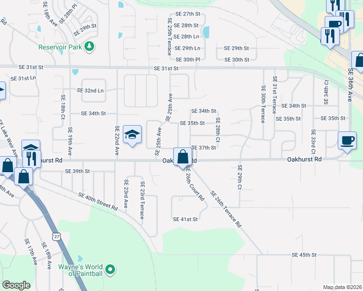 map of restaurants, bars, coffee shops, grocery stores, and more near 3680 Southeast 26th Avenue in Ocala