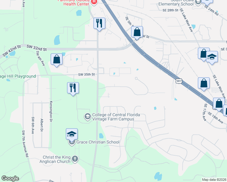 map of restaurants, bars, coffee shops, grocery stores, and more near 324 Southeast 36th Lane in Ocala