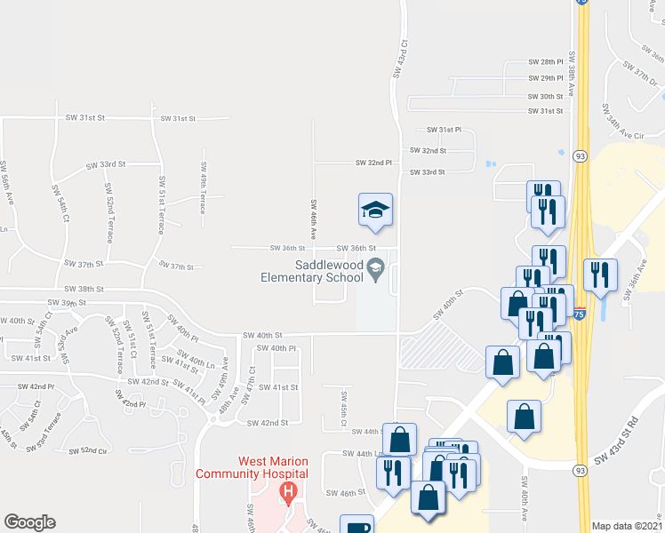 map of restaurants, bars, coffee shops, grocery stores, and more near 4540 Southwest 36th Lane in Ocala