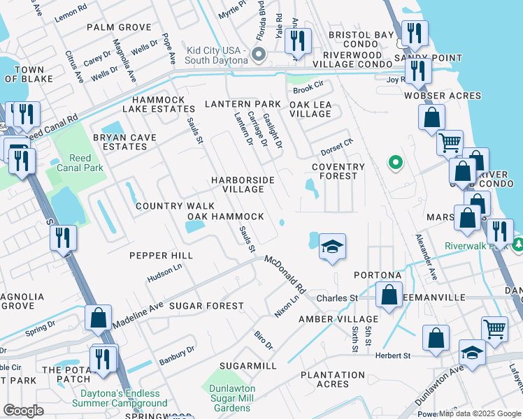 map of restaurants, bars, coffee shops, grocery stores, and more near 75 Spinnaker Circle in South Daytona