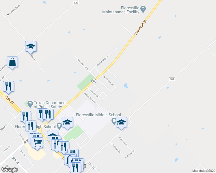 map of restaurants, bars, coffee shops, grocery stores, and more near 225 Blue Bonnet in Floresville