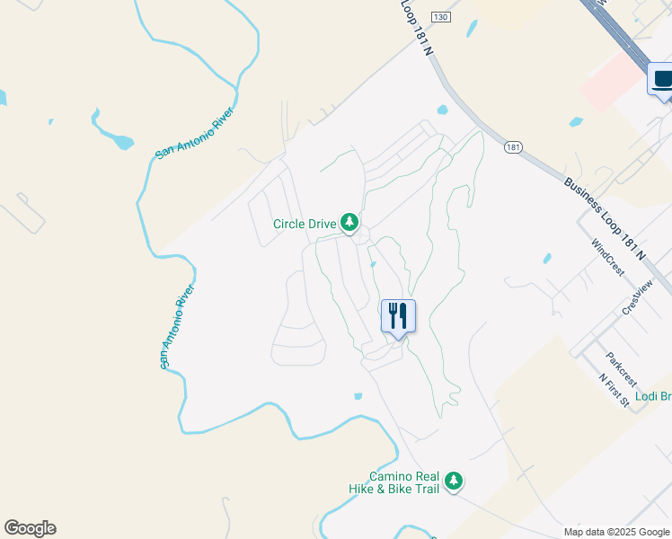 map of restaurants, bars, coffee shops, grocery stores, and more near 121 Fairway Drive in Floresville