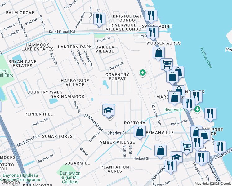 map of restaurants, bars, coffee shops, grocery stores, and more near 2976 Foxcroft Lane in South Daytona