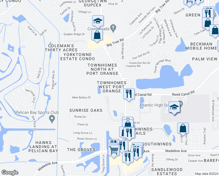map of restaurants, bars, coffee shops, grocery stores, and more near 3543 Forest Branch Drive in Port Orange